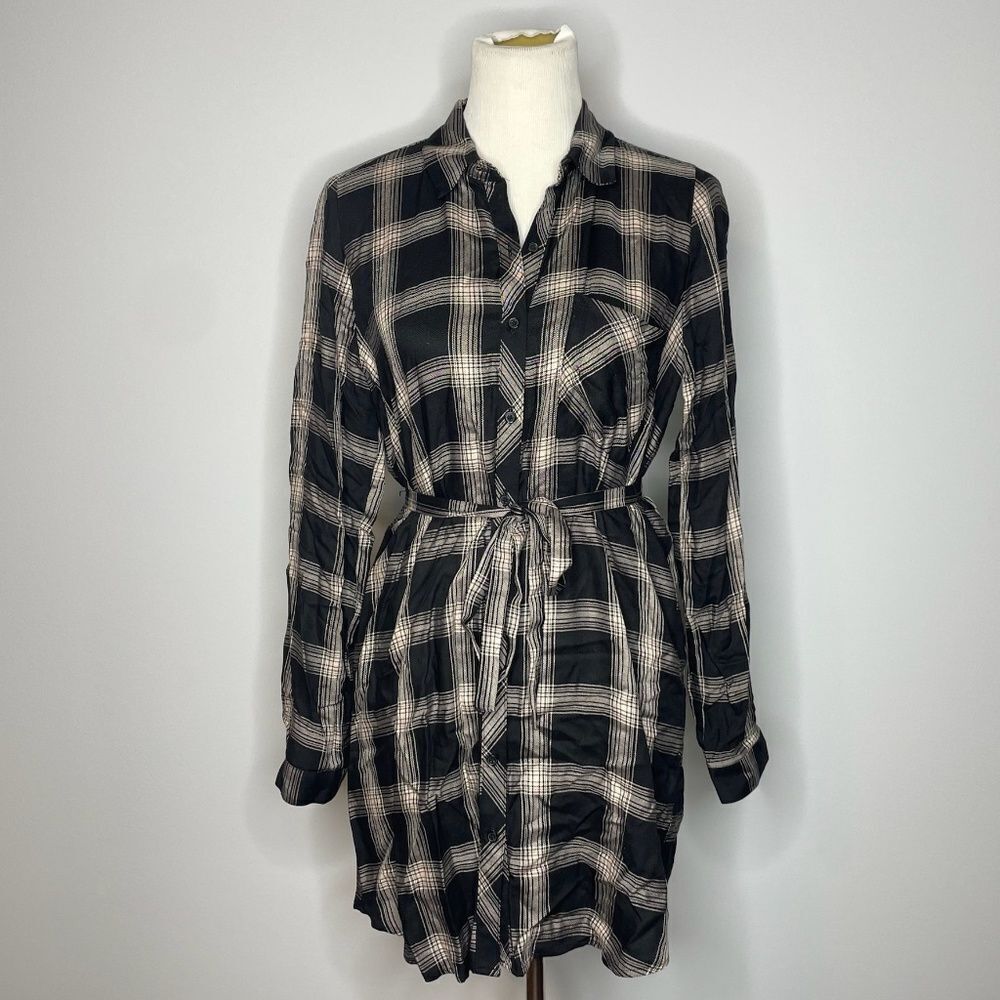 Forever 21- Long Sleeve Belted Black & Cream Plaid Button Down Dress